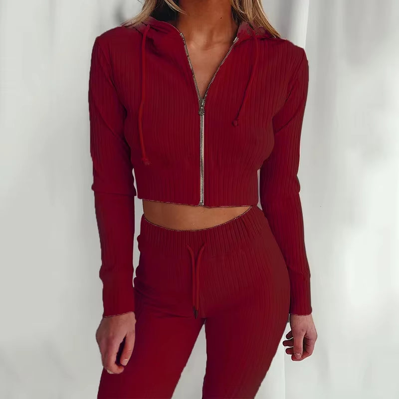 Women'S Hooded Long Sleeve Waist Suit, Slim Sports Zipper, Casual Fashion Trend 2024