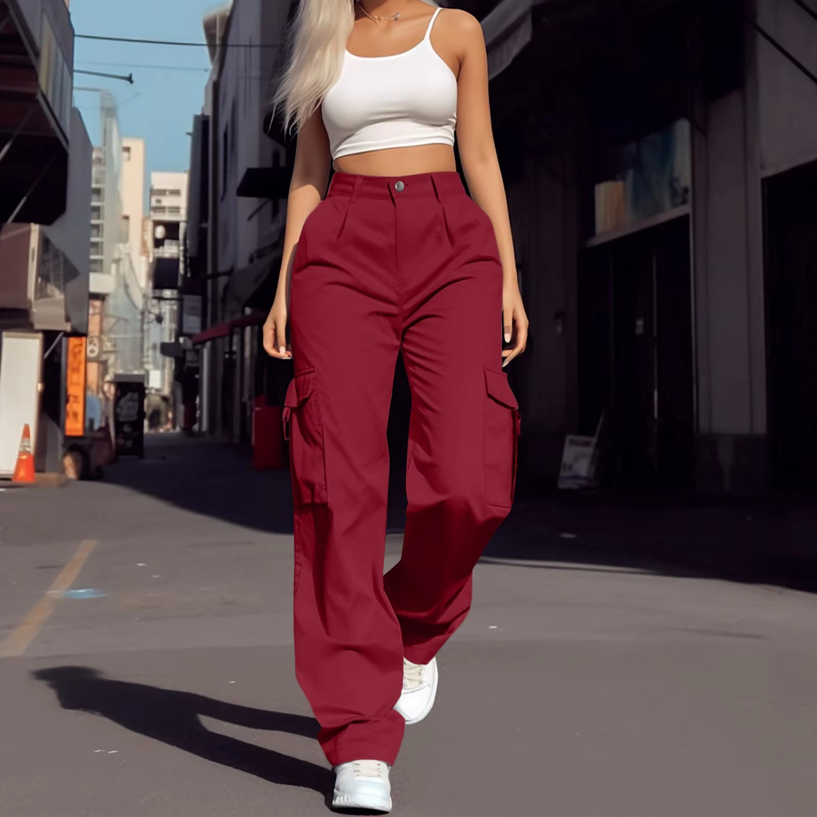 2024 Trendy Women Wide Leg Cargo Pants Street Vibes Flap Pockets Drawstring Ruched High Waist Parachute Women Pants